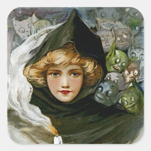 Vintage Halloween-Girl Quadratischer Aufkleber (Vorderseite)