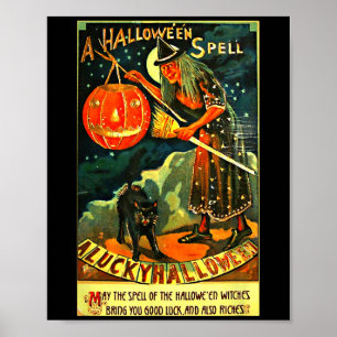 Vintage-Halloween-Grafik Einfach Kostüm Hexe und C Poster
