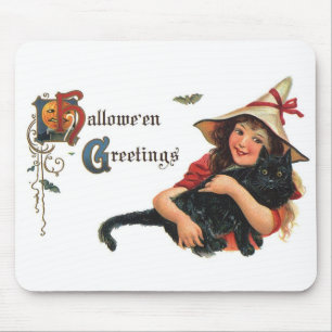 Vintage Halloween Greetings, Child Witch with Cat Mousepad