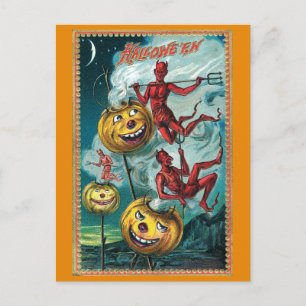 Vintage-Halloween-gruseliger-Teufel-Kürbis Postkarte