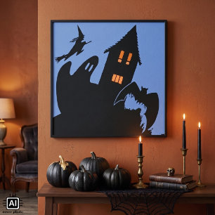 Vintage-Halloween, gruseliges Spukhaus und Hexe Poster