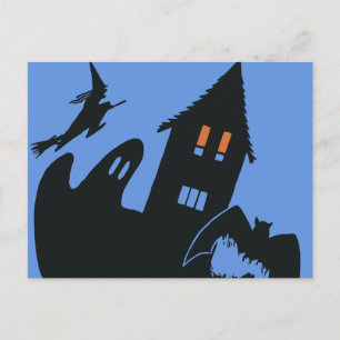 Vintage-Halloween, gruseliges Spukhaus und Hexe Postkarte