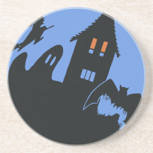Vintage-Halloween, gruseliges Spukhaus und Hexe Sandstein Untersetzer