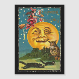 Vintage Halloween-Grüße auf Broom Magnetkarte