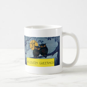 Vintage Halloween-Grüße, Eulen im Baum mit Mond Kaffeetasse