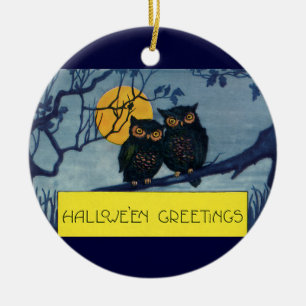 Vintage Halloween-Grüße, Eulen im Baum mit Mond Keramik Ornament