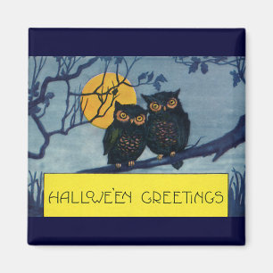 Vintage Halloween-Grüße, Eulen im Baum mit Mond Magnet