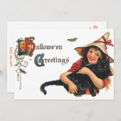 Vintage Halloween-Grüße, Kinderhexe mit Katze Einladung (Vorne/Hinten)