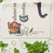 Vintage Halloween-Grüße, Kinderhexe mit Katze Geschirrtuch (Gefaltet)