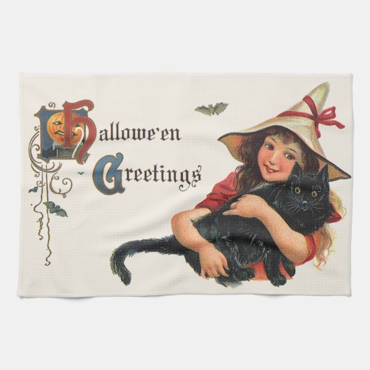 Vintage Halloween-Grüße, Kinderhexe mit Katze Geschirrtuch (Horizontal)