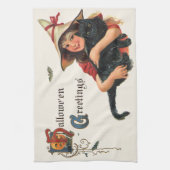 Vintage Halloween-Grüße, Kinderhexe mit Katze Geschirrtuch (Vertikal)