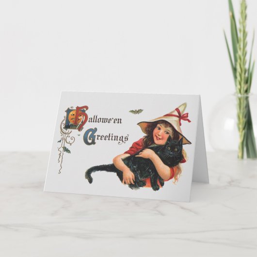 Vintage Halloween-Grüße, Kinderhexe mit Katze Karte (Vorderseite)