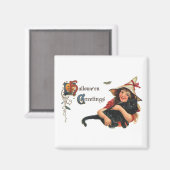 Vintage Halloween-Grüße, Kinderhexe mit Katze Magnet (Vorderseite/Rückseite)
