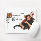 Vintage Halloween-Grüße, Kinderhexe mit Katze Mousepad (Mit Mouse)