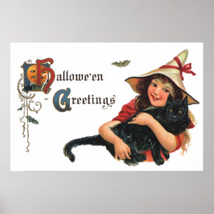 Vintage Halloween-Grüße, Kinderhexe mit Katze Poster