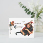 Vintage Halloween-Grüße, Kinderhexe mit Katze Postkarte (Stehend Vorderseite)