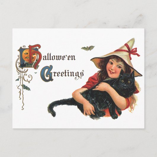 Vintage Halloween-Grüße, Kinderhexe mit Katze Postkarte (Vorderseite)