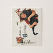 Vintage Halloween-Grüße, Kinderhexe mit Katze Puzzle (Vertikal)