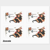 Vintage Halloween-Grüße, Kinderhexe mit Katze Rechteckiger Aufkleber (Blatt)