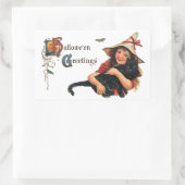 Vintage Halloween-Grüße, Kinderhexe mit Katze Rechteckiger Aufkleber (Tasche)