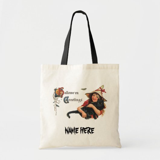 Vintage Halloween-Grüße, Kinderhexe mit Katze Tragetasche (Vorne)