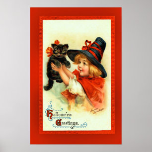 Vintage-Halloween-Grüße kleine Hexe und Katze Poster