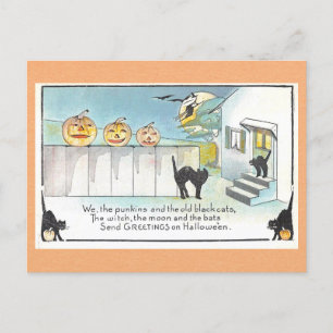 Vintage-Halloween-Grüße schwarze Katze Hexe Gedich Postkarte