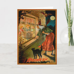 Vintage-Halloween-Grußkarte mit neugieriger Hexe Feiertagskarte