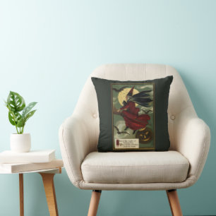Vintage Halloween Hexe auf Besenstiel mit Katze Kissen