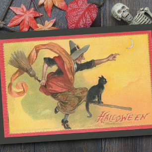 Vintage Halloween-Hexe auf Broomstick mit schwarze Seidenpapier