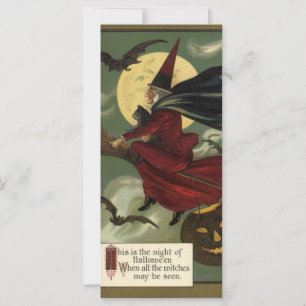 Vintage-Halloween-Hexe auf einem Besen mit Katze