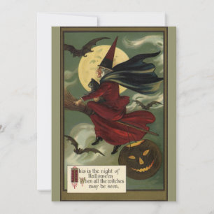 Vintage-Halloween-Hexe auf einem Besenstiel mit Ka Einladung