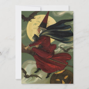 Vintage-Halloween-Hexe auf einem Besenstiel mit Ka Einladung