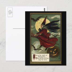 Vintage-Halloween-Hexe auf einem Besenstiel mit Ka Postkarte