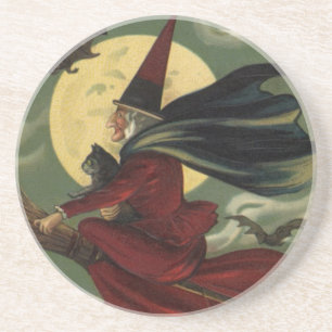 Vintage-Halloween-Hexe auf einem Besenstiel mit Ka Sandstein Untersetzer