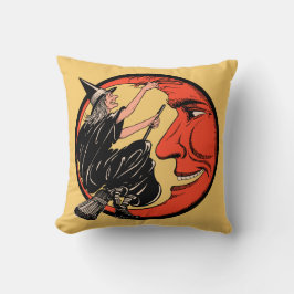 Vintage Halloween-Hexe auf ihrem Besen Kissen