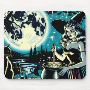 Vintage Halloween-Hexe, die einen Cauldron umwirbe Mousepad