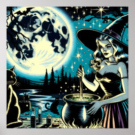 Vintage Halloween-Hexe, die einen Cauldron umwirbe Poster