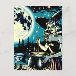 Vintage Halloween-Hexe, die einen Cauldron umwirbe Postkarte