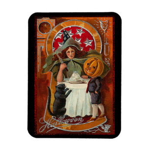 Vintage-Halloween-Hexe, die einen Zauber mit einem Magnet