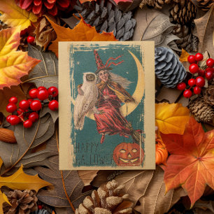 Vintage Halloween Hexe Eule & Kürbis im Mond Karte