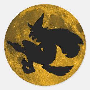 Vintage Halloween - Hexe fliegt über den Vollmond Runder Aufkleber