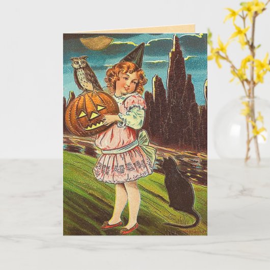 Vintage Halloween-Hexe-Karte Karte (Gelbe Blume)