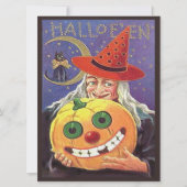 Vintage Halloween Hexe, Katze, Kürbis, LG Postkart Einladung (Vorderseite)