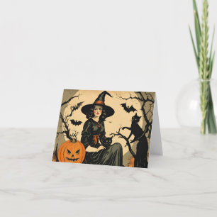 Vintage Halloween-Hexe, Kürbis, Schwarze Katze, Fl Karte