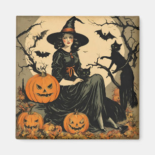 Vintage Halloween-Hexe, Kürbis, Schwarze Katze, Fl Magnet