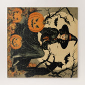 Vintage Halloween-Hexe, Kürbis, Schwarze Katze, Fl Puzzle (Horizontal)