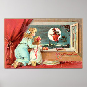 Vintage Halloween-Hexe mit Broomstick Poster