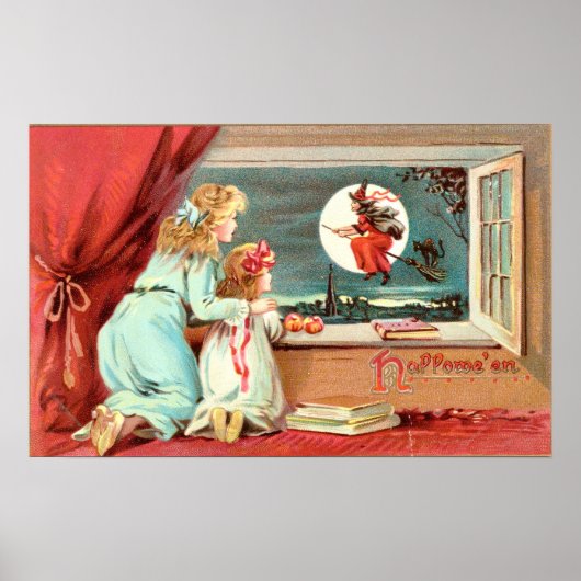 Vintage Halloween-Hexe mit Broomstick Poster (Vorne)