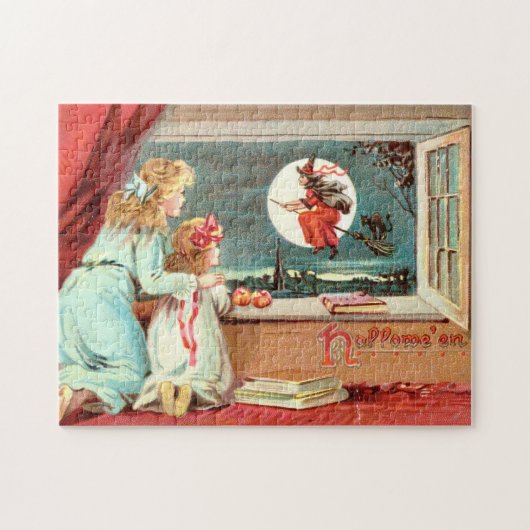 Vintage Halloween-Hexe mit Broomstick Puzzle (Horizontal)